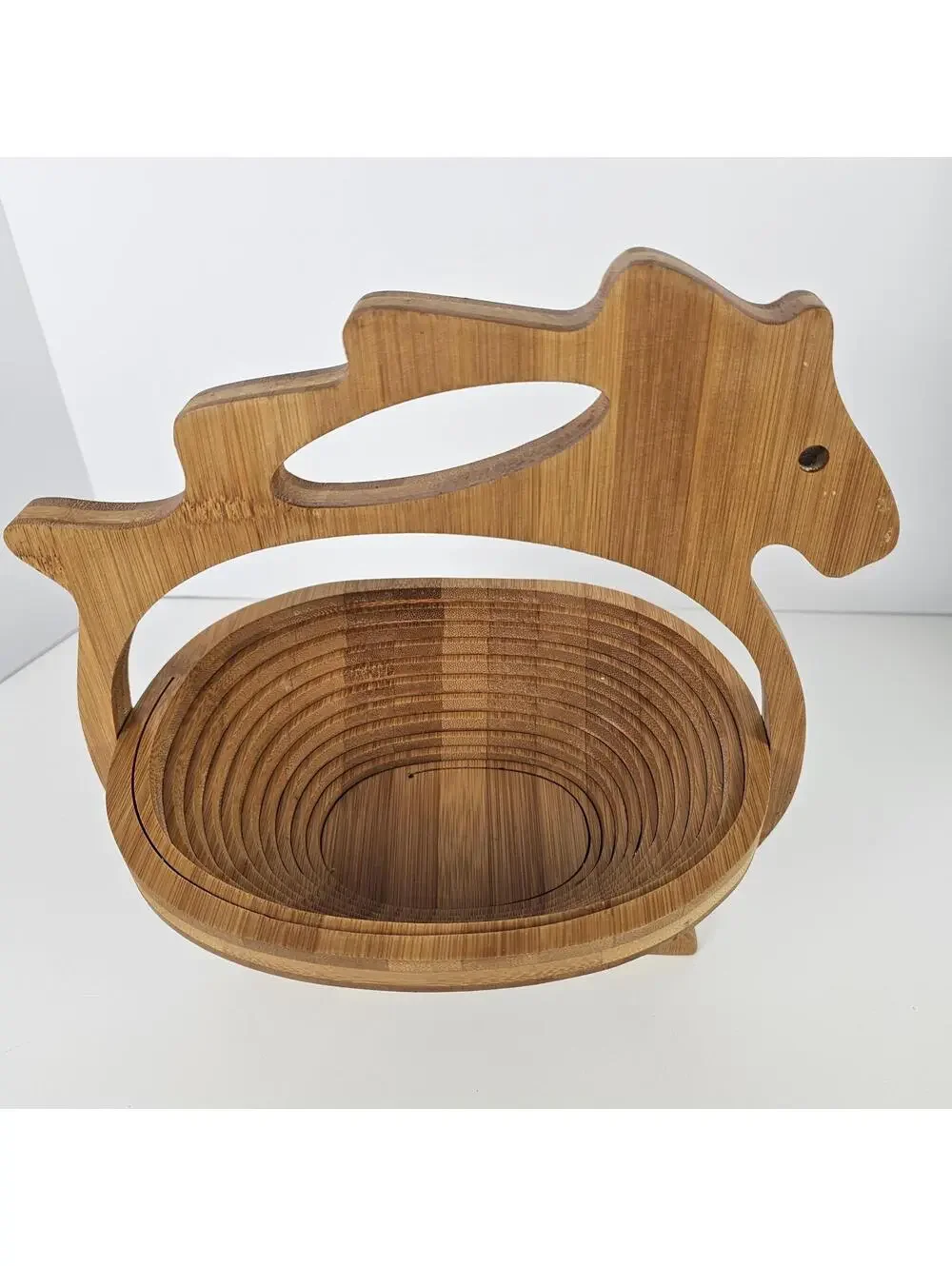 Folding Bamboo Fruit Basket Horse Shape 3D Pop-Up Bowl Cutting Board 10x11”